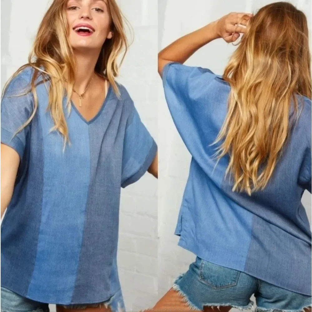 Blue Denim Look Color Block Top - Picture 3 of 4